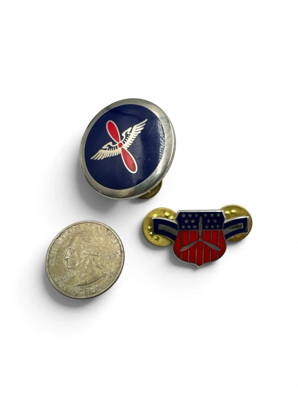 Vintage Aviation Propeller Wing Enamel Lapel Pin & Round Badge Pin Set Military